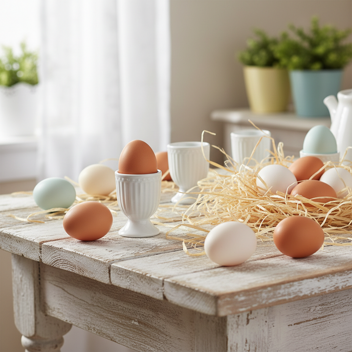GreenGate Eierbecher Alice Weiß mit Ei auf dekoriertem Frühstückstisch im skandinavischen Stil