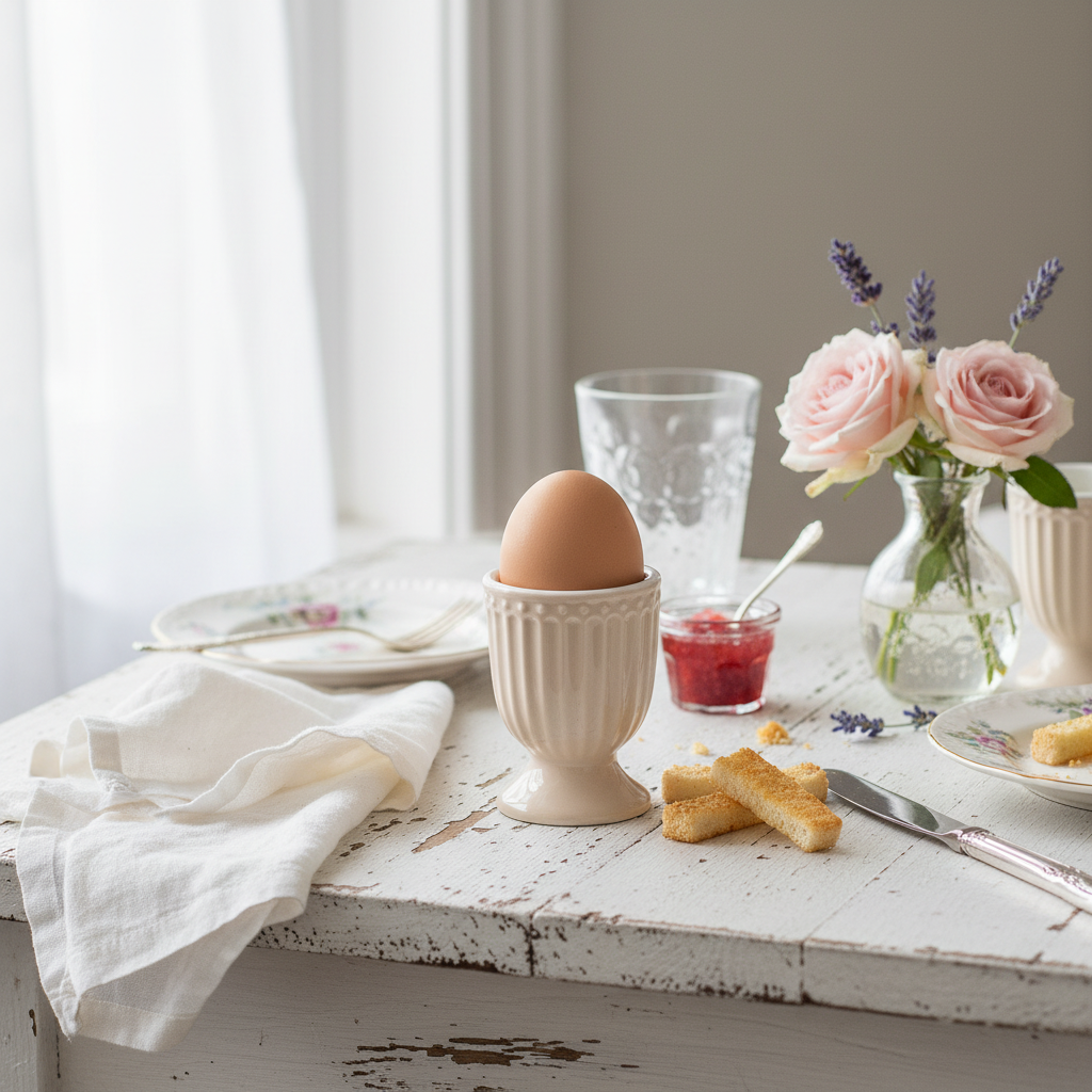 GreenGate Eierbecher Alice Fudge mit Ei auf romantischem Frühstückstisch im Landhausstil