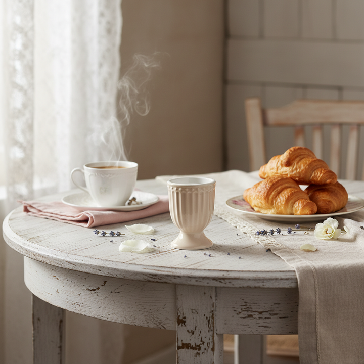 GreenGate Eierbecher Alice Fudge auf gedecktem Frühstückstisch mit Croissants im skandinavischen Stil