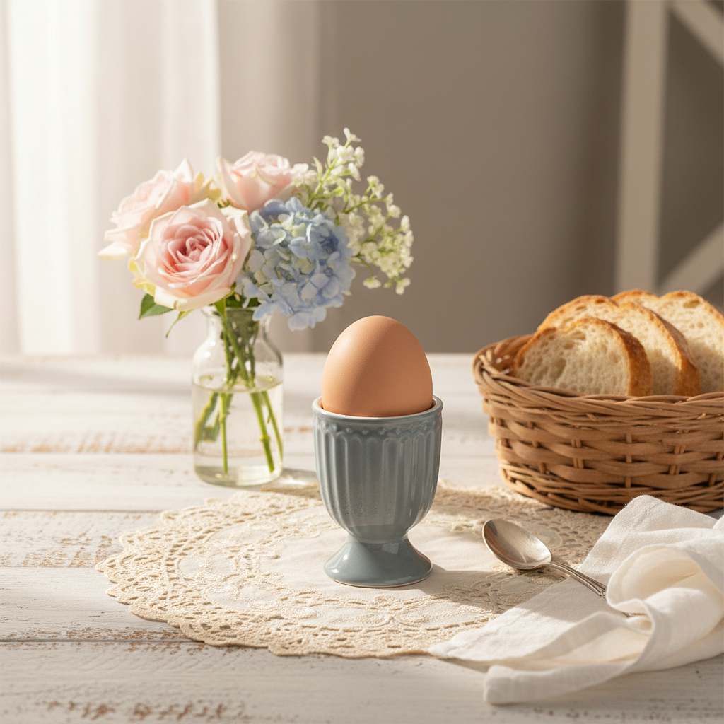GreenGate Eierbecher Alice Steingrau mit Ei auf romantischem Frühstückstisch im Landhausstil