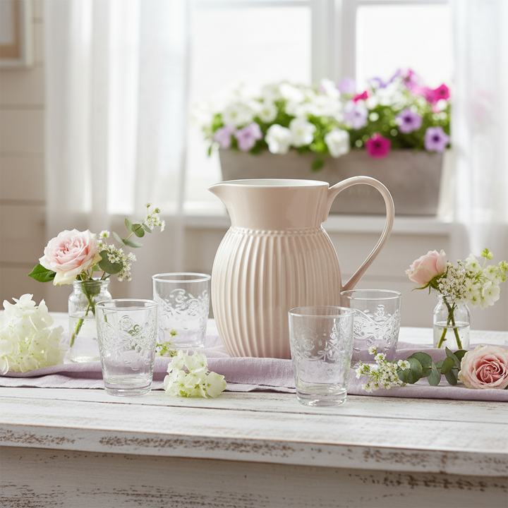 GreenGate Krug Alice Fudge 0,5 Liter mit Glasbechern und Blumen in zarter Frühlingsdekoration