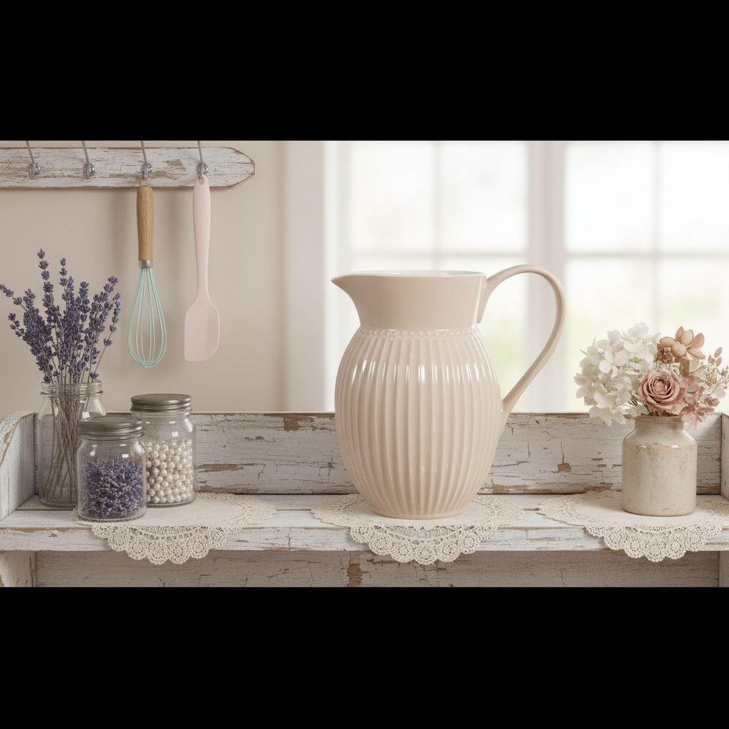 GreenGate Krug Alice Fudge 0,5 Liter aus Porzellan dekorativ auf Landhausregal in heller Küche