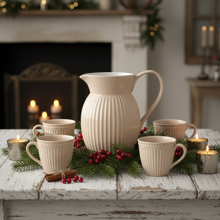 GreenGate Krug Alice Fudge 0,5 Liter mit passenden Bechern auf winterlich gedecktem Tisch mit Kerzen und Tannenzweigen