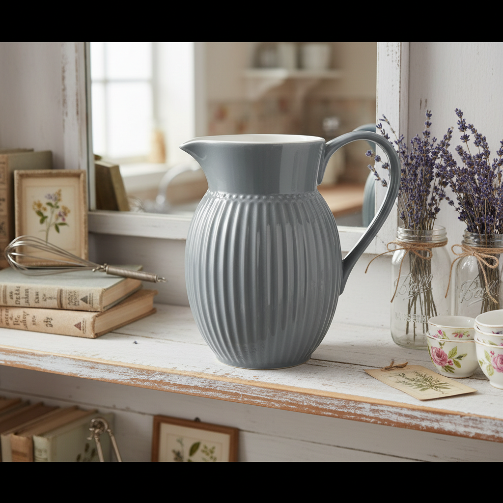 GreenGate Krug Alice Steingrau 0,5 Liter aus Porzellan auf dekoriertem Landhausregal mit Lavendel