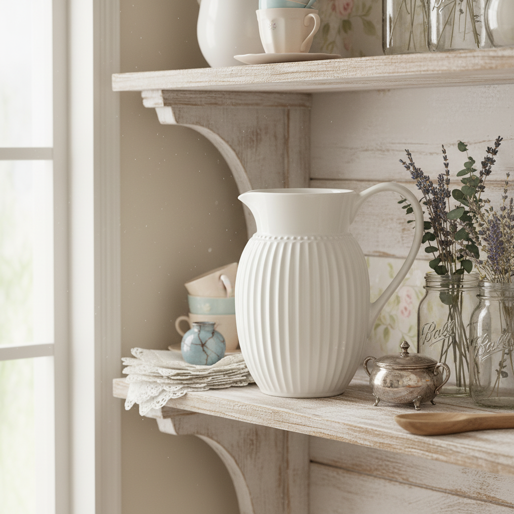 GreenGate Alice Krug Weiß 1,5 L dekorativ auf Holzregal im skandinavischen Landhausstil arrangiert