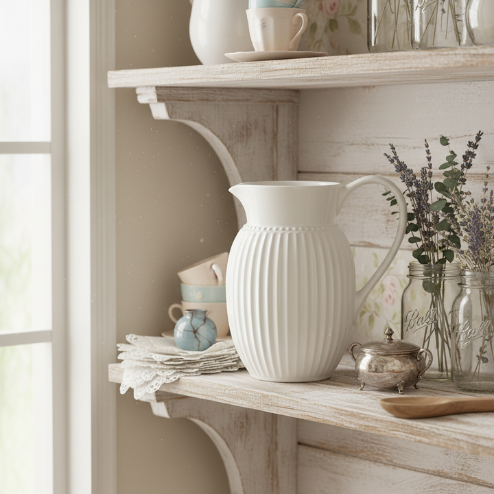 GreenGate Alice Krug Weiß 1,5 L dekorativ auf Holzregal im skandinavischen Landhausstil arrangiert
