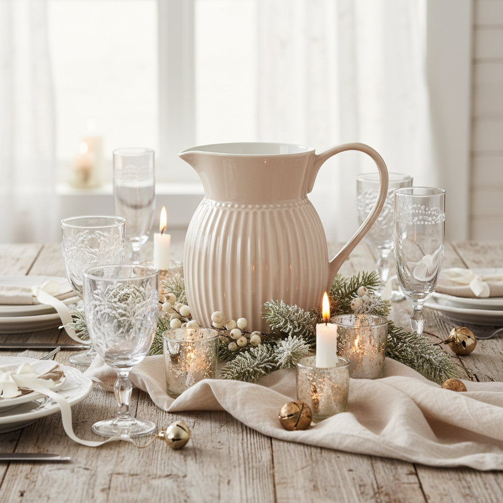 GreenGate Krug Alice Fudge 1,5 Liter auf festlich gedecktem Tisch mit Kerzen und Tannenzweigen im skandinavischen Landhausstil