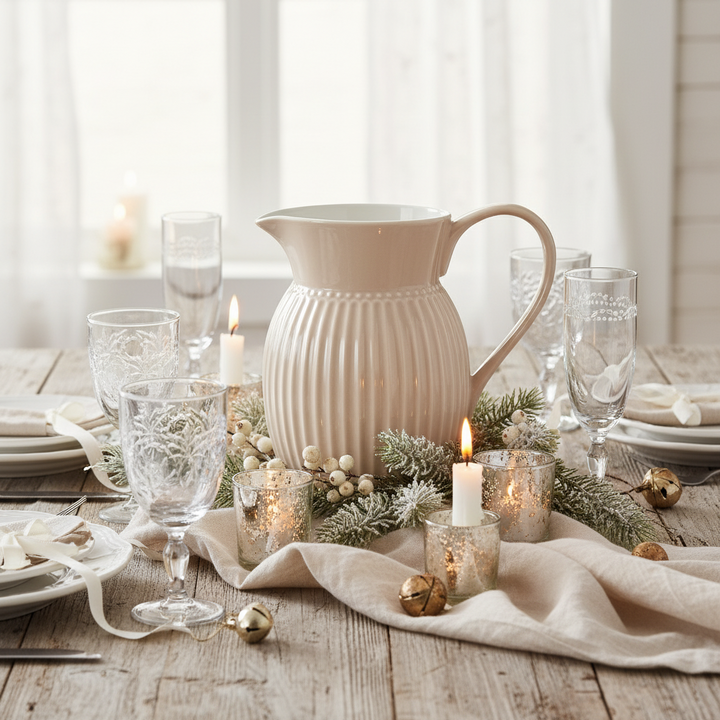 GreenGate Krug Alice Fudge 1,5 Liter auf festlich gedecktem Tisch mit Kerzen und Tannenzweigen im skandinavischen Landhausstil