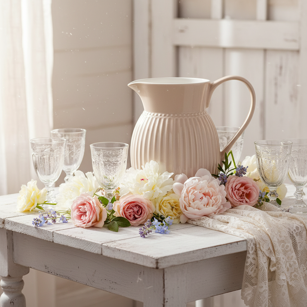 GreenGate Krug Alice Fudge 1,5 Liter aus Porzellan mit Rosen und Frühlingsblumen dekoriert