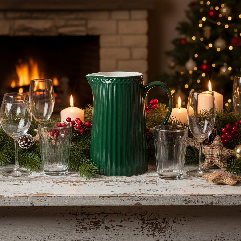 GreenGate Kanne Alice Kieferngrün 1 Liter auf festlich gedecktem Weihnachtstisch mit Kerzen und Tannenzweigen