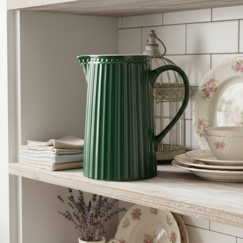 GreenGate Kanne Alice Kieferngrün 1L aus Porzellan auf Holzregal im skandinavischen Landhausstil