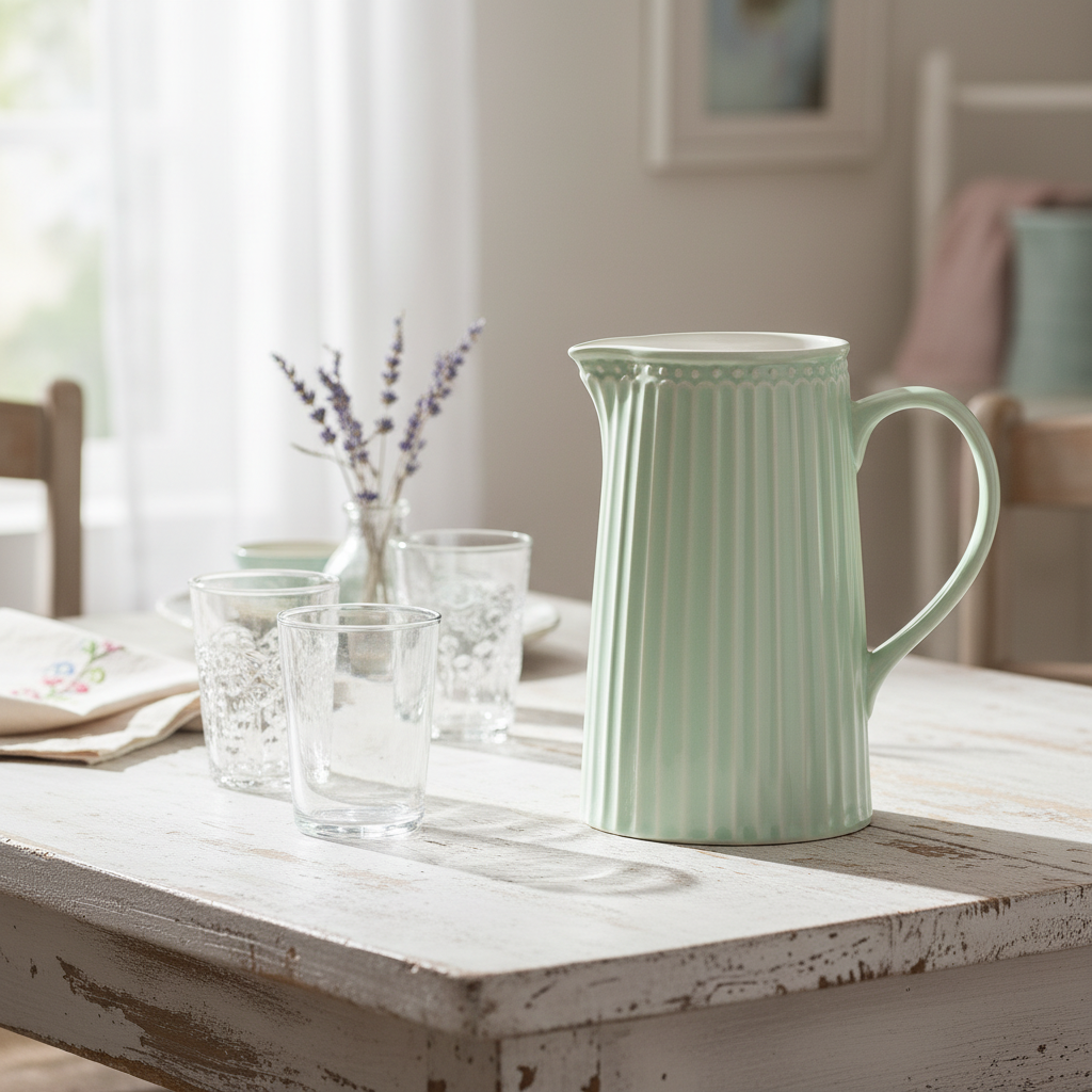 GreenGate Alice Kanne Hellgrün 1L auf hellem Holztisch mit Gläsern im skandinavischen Stil