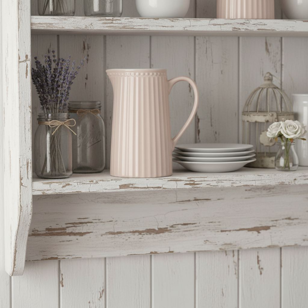 GreenGate Kanne Alice Fudge 1 Liter aus Porzellan im Landhausregal mit Lavendel und Geschirr