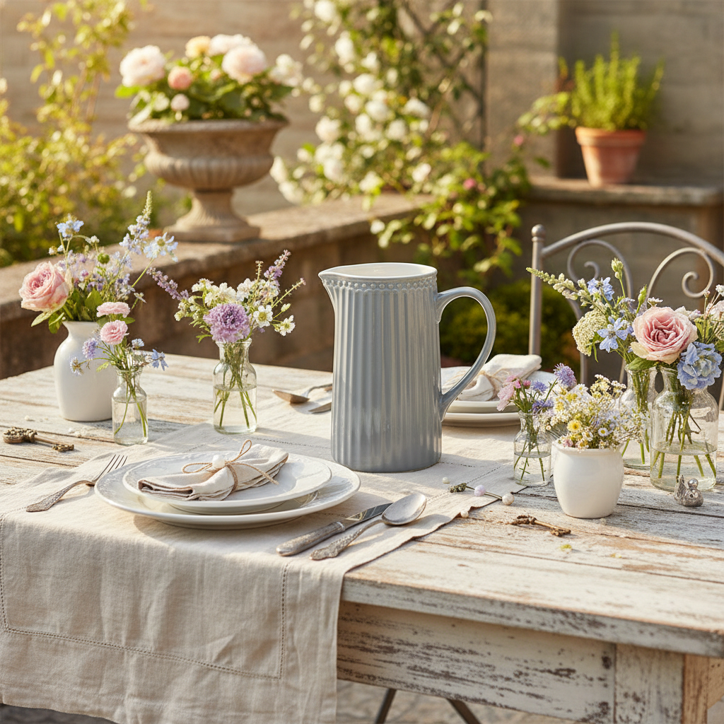 GreenGate Alice Kanne Steingrau 1 Liter auf sommerlich gedecktem Gartentisch im skandinavischen Stil