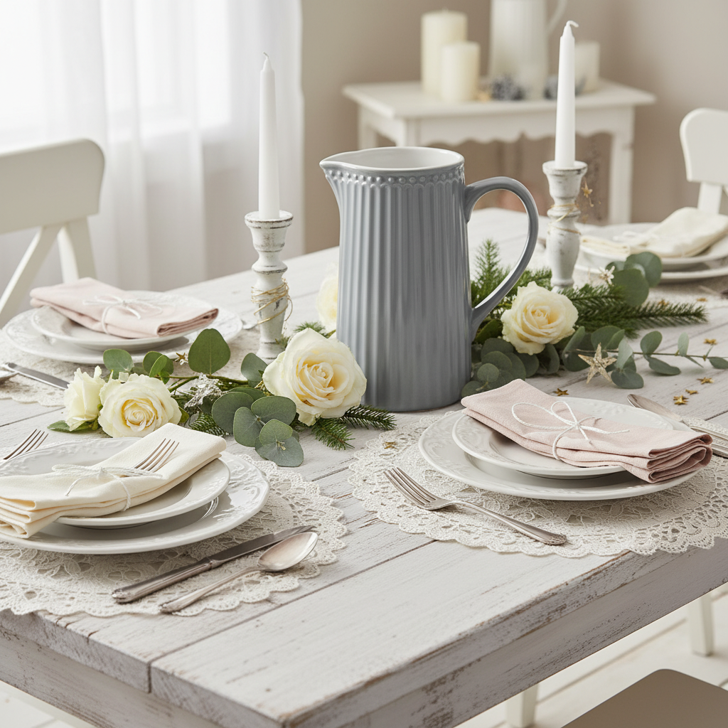 GreenGate Kanne Alice Steingrau 1 Liter auf festlich gedecktem Landhaus-Tisch mit weißen Rosen und Kerzen