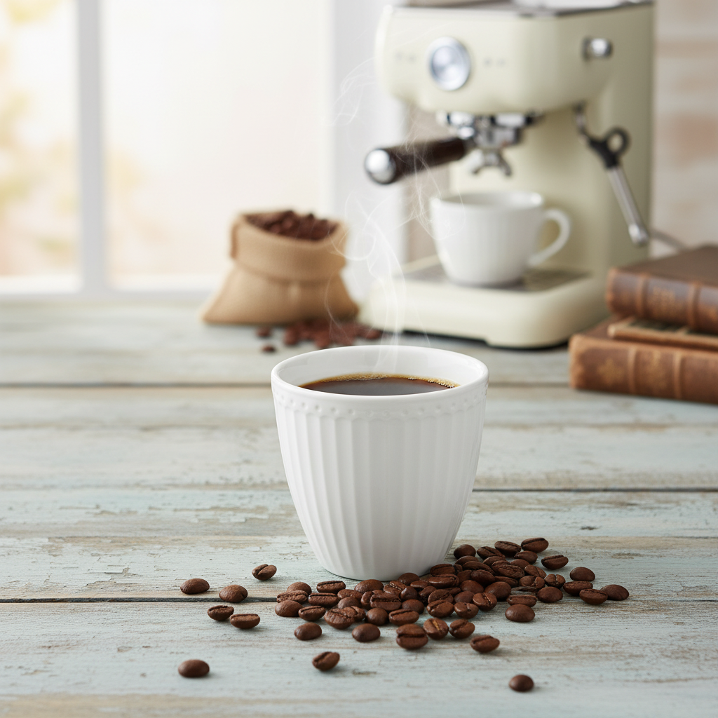 GreenGate Latte Cup Alice Weiß gefüllt mit Kaffee auf Holztisch mit Kaffeebohnen und Espressomaschine