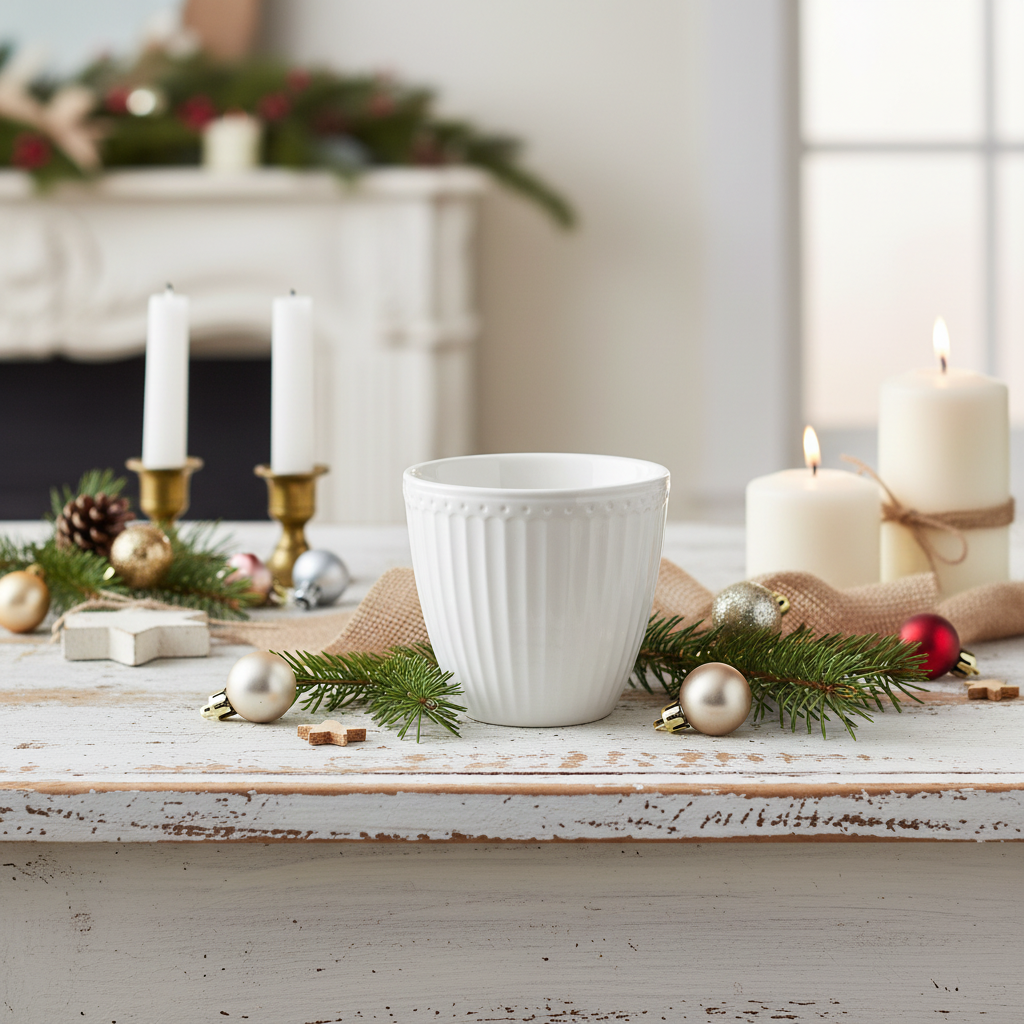 GreenGate Latte Cup Alice Weiß aus Porzellan auf dekoriertem Tisch mit Tannenzweigen und Kerzen