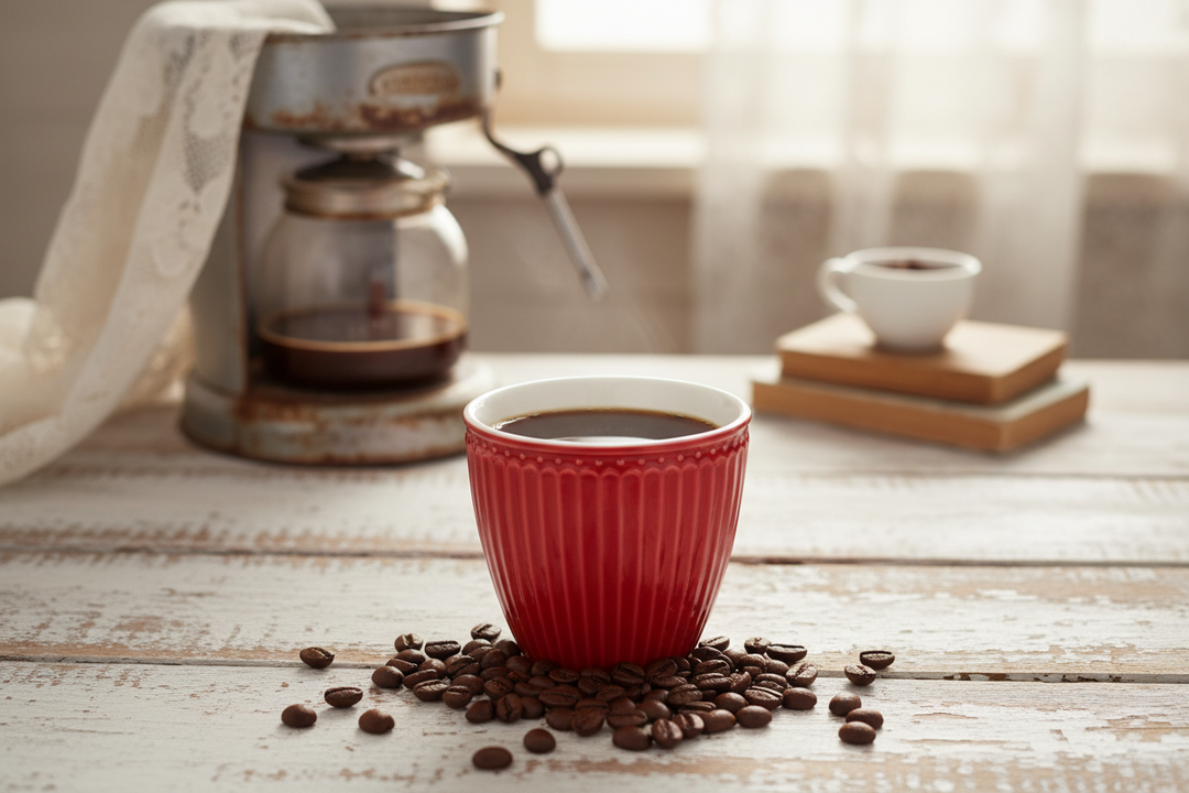 GreenGate Latte Becher Alice Rot gefüllt mit Kaffee
