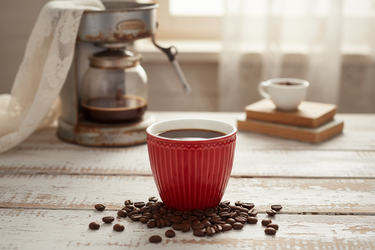 GreenGate Latte Becher Alice Rot gefüllt mit Kaffee
