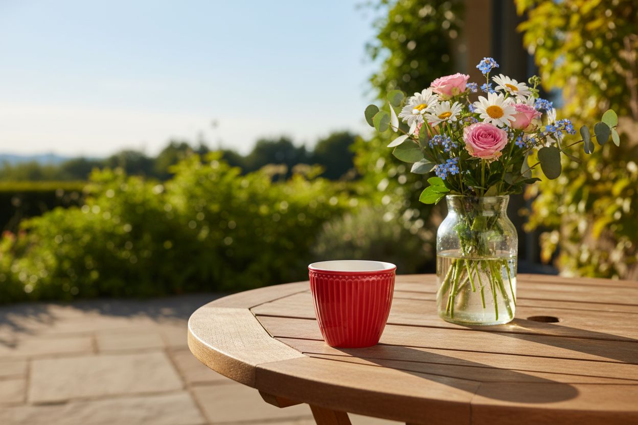 GreenGate Latte Becher Alice Rot auf Gartentisch mit Blumenstrauß
