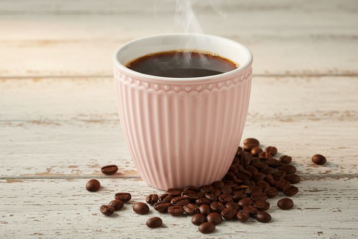 GreenGate Latte Becher Alice Rosa mit Kaffee gefüllt auf Holztisch mit Kaffeebohnen