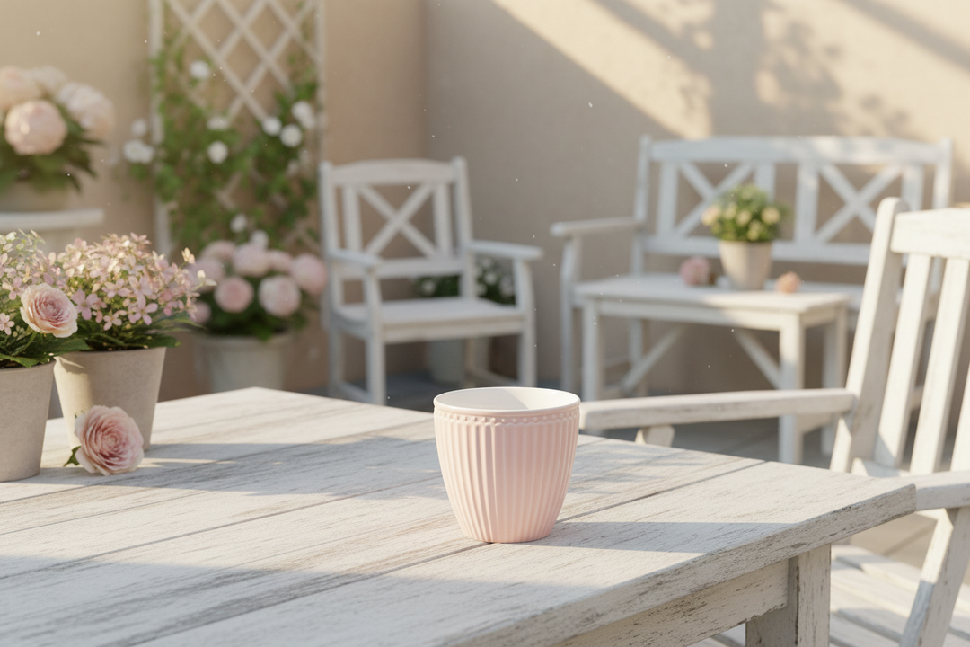 GreenGate Latte Becher Alice Rosa aus Porzellan auf Gartentisch im romantischen Landhausstil dekoriert
