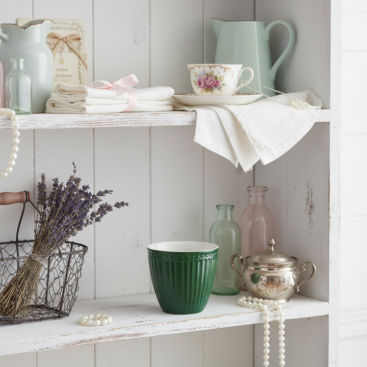 GreenGate Latte Becher Alice Kieferngrün aus Porzellan im Landhaus-Regal dekoriert mit Vintage Accessoires