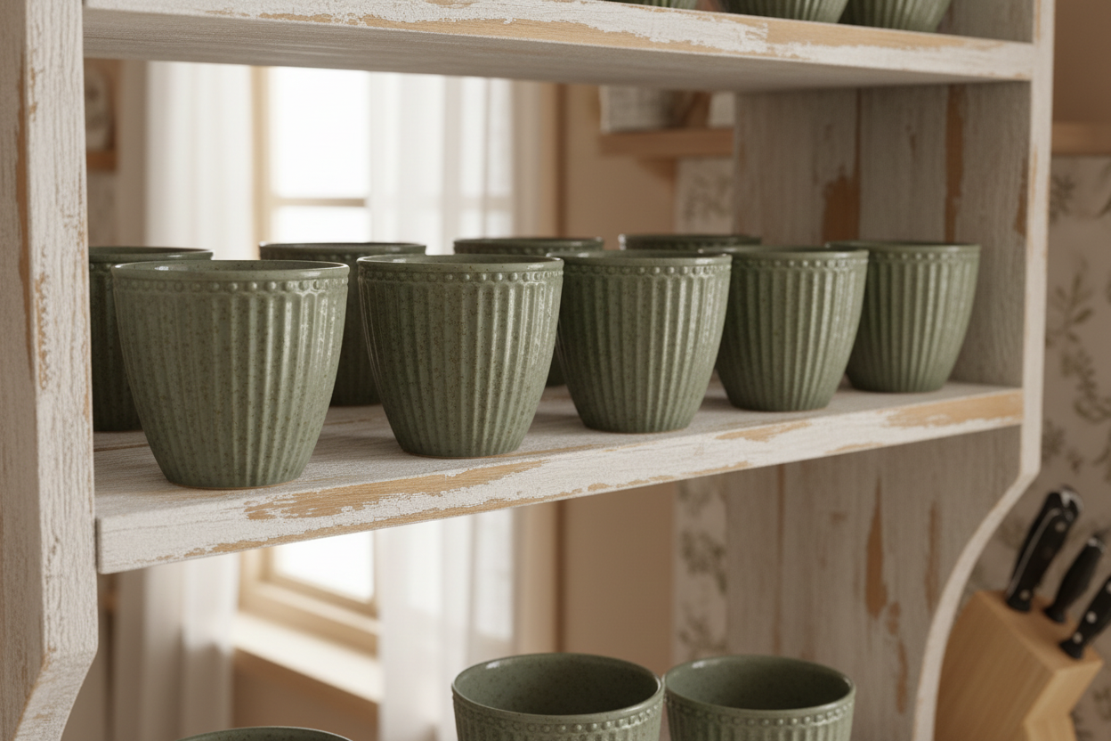 GreenGate Latte Becher Alice Olivgrün aus Porzellan im Regal arrangiert