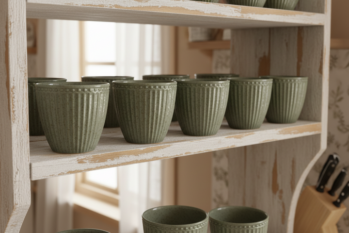 GreenGate Latte Becher Alice Olivgrün aus Porzellan im Regal arrangiert