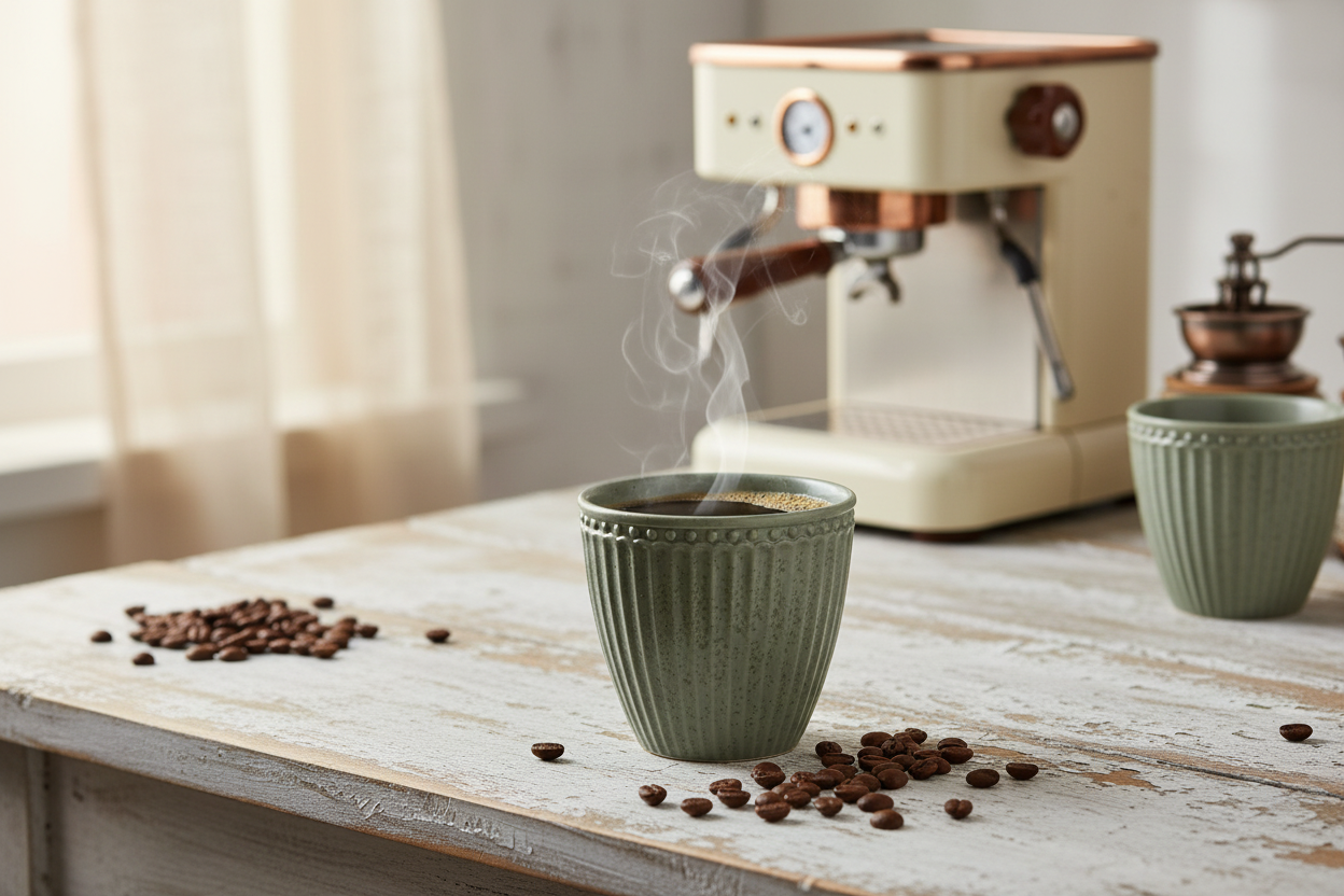 GreenGate Latte Becher Alice Olivgrün mit Kaffee auf Holztisch neben Espressomaschine