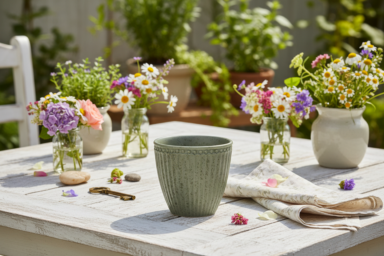 GreenGate Latte Becher Alice Olivgrün auf gedecktem Gartentisch mit Sommerblumen