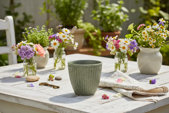 GreenGate Latte Becher Alice Olivgrün auf gedecktem Gartentisch mit Sommerblumen