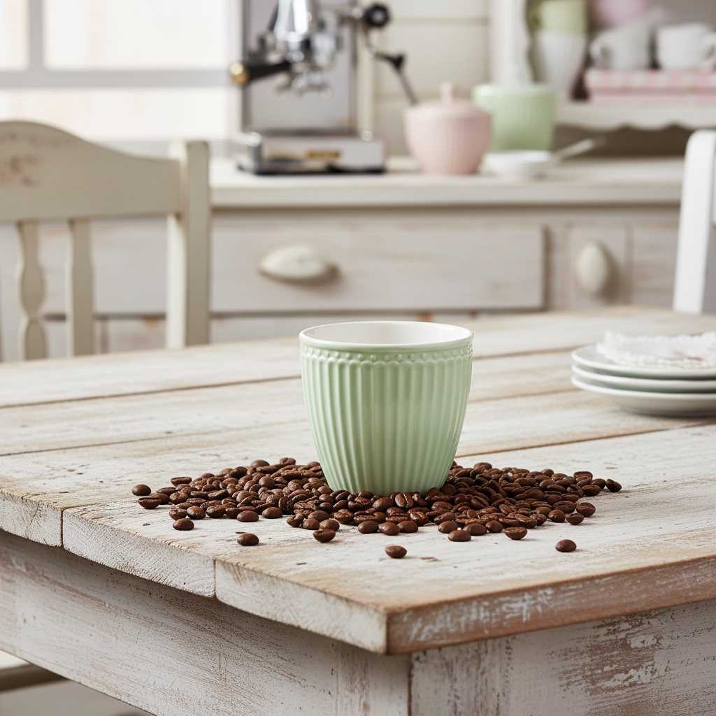 GreenGate Latte Becher Alice Hellgrün auf Holztisch mit Kaffeebohnen im Landhausstil