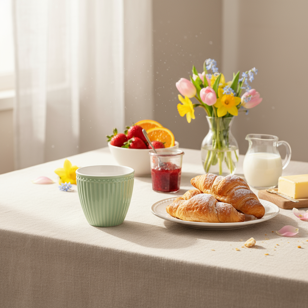 GreenGate Latte Becher Alice Hellgrün auf Frühstückstisch mit Croissants und Frühlingsblumen