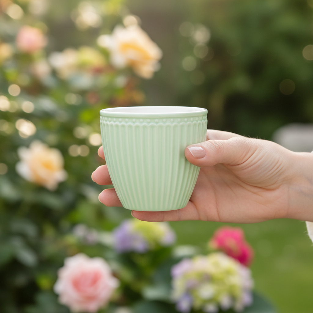GreenGate Latte Becher Alice Hellgrün aus Porzellan in der Hand gehalten vor blühendem Garten