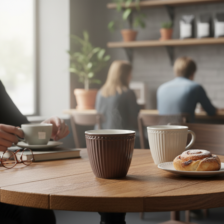 GreenGate Latte Becher Alice Schokolade auf Cafétisch mit Zimtschnecke und Kaffee