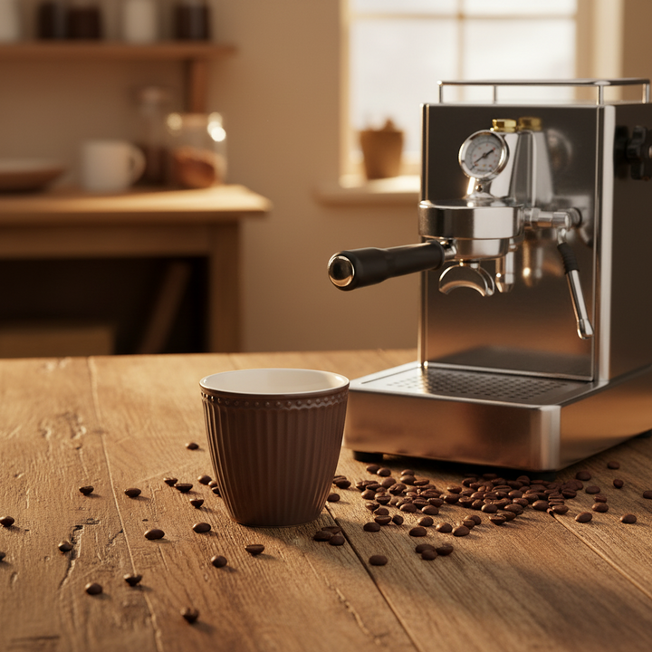 GreenGate Latte Becher Alice Schokolade neben Espressomaschine auf Holztisch mit Kaffeebohnen