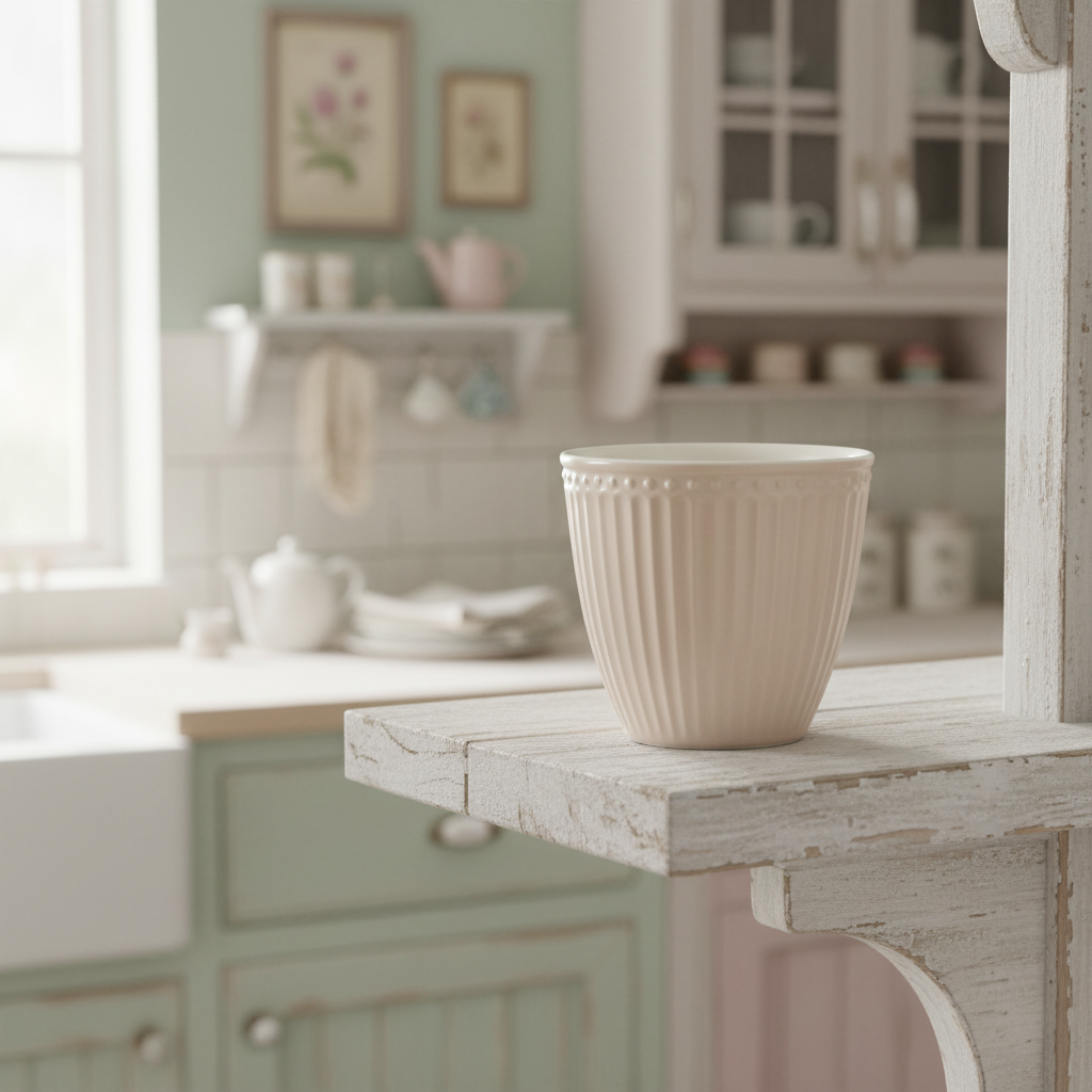 GreenGate Latte Becher Alice Fudge aus Porzellan auf Holzregal im Landhausstil