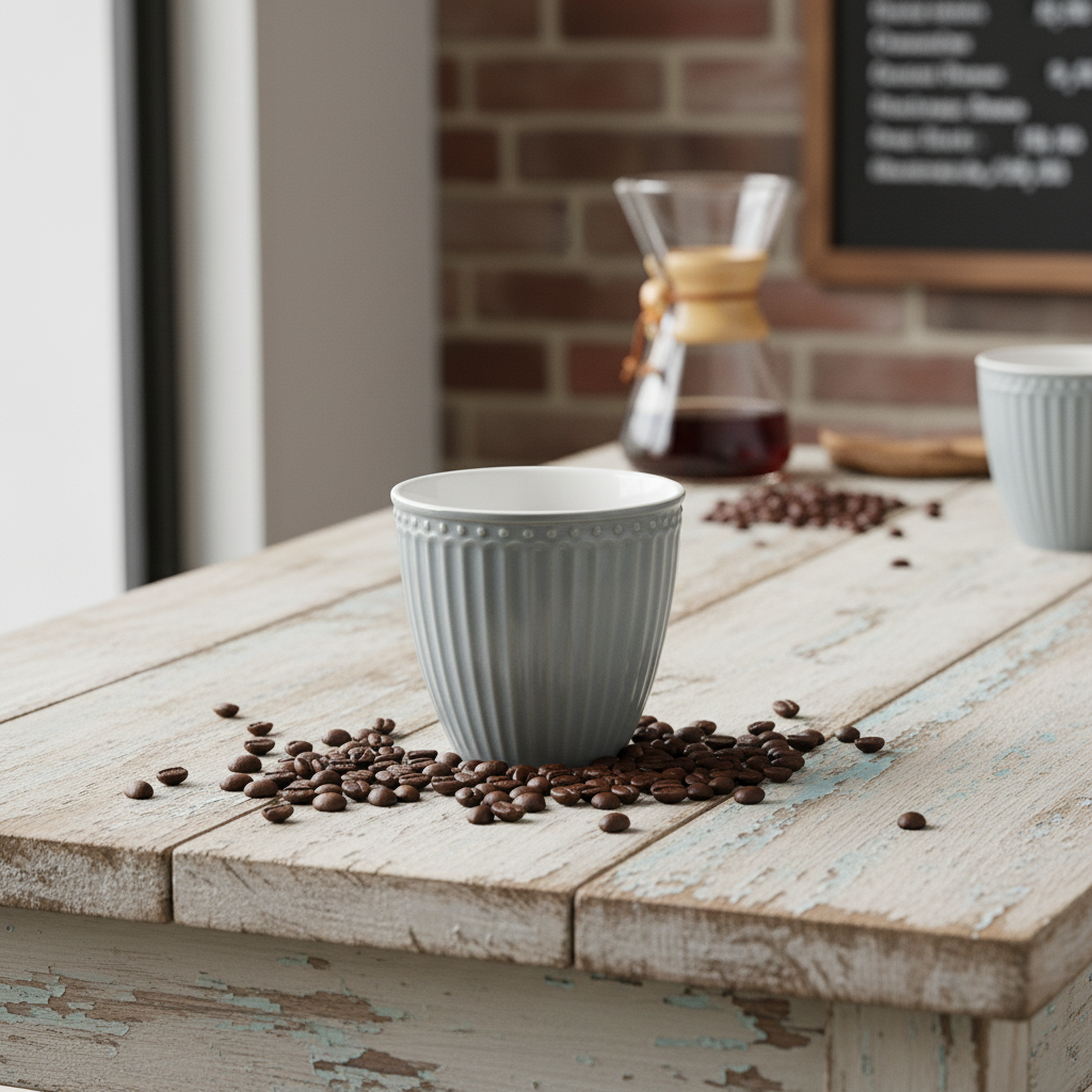 GreenGate Latte Cup Alice Steingrau auf Holztisch mit Kaffeebohnen und Chemex-Kaffeekaraffe im modernen Ambiente