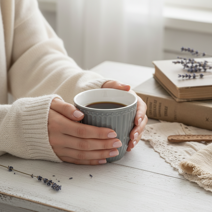 GreenGate Latte Becher Alice Steingrau mit Kaffee in Händen gehalten, gemütliche Szene mit Büchern und Lavendel