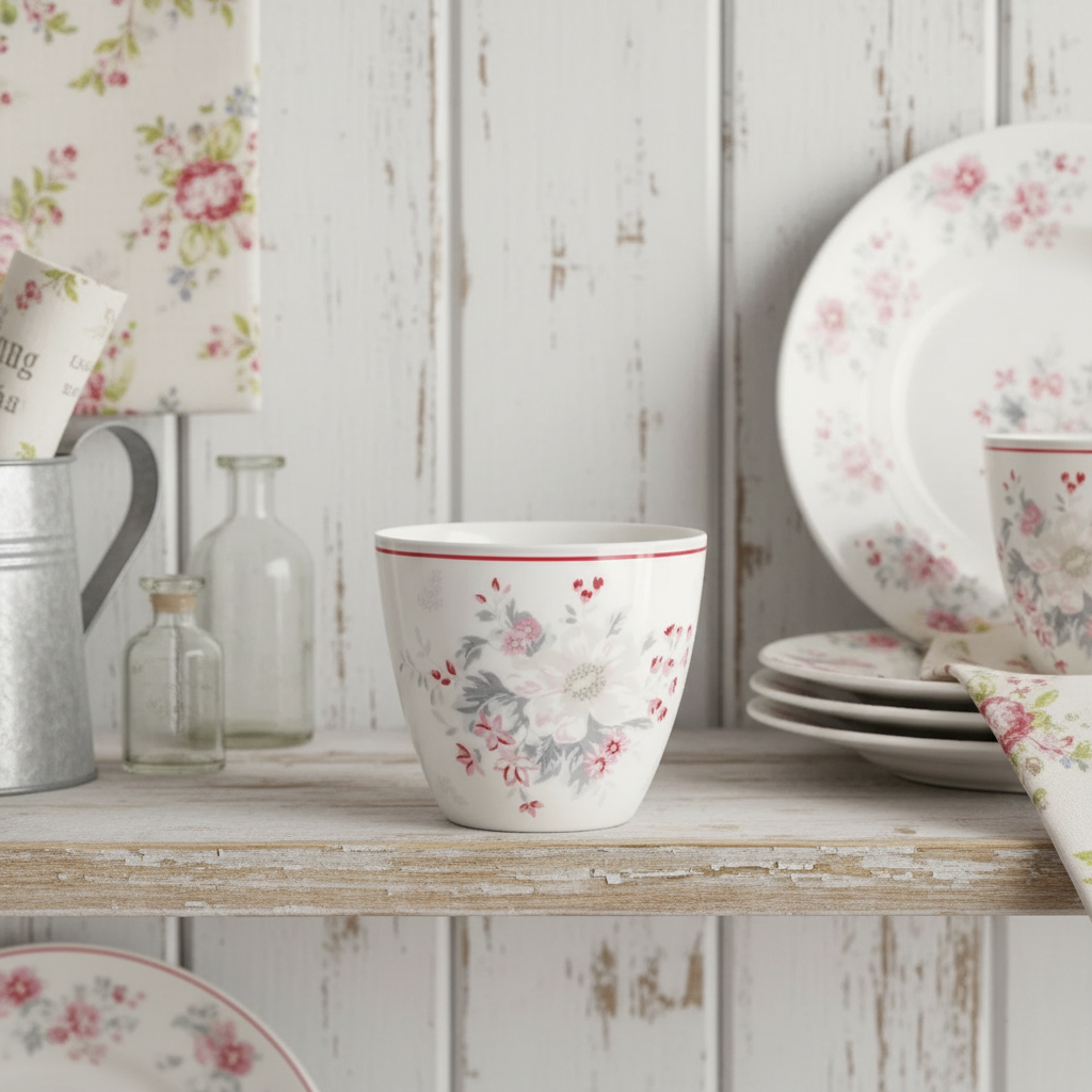 GreenGate Latte Becher Abella Weiß geblümt auf Holzregal im skandinavischen Shabby-Chic-Stil