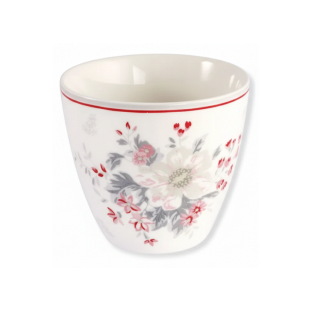 GreenGate Latte Becher Abella Weiß aus Porzellan mit zartem Blumenmuster in Rot und Grau
