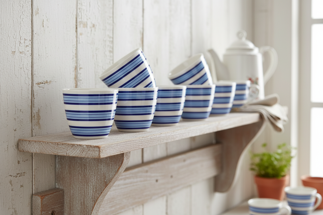 GreenGate Latte Becher Helen Blau gestapelt im skandinavischen Landhausstil mit blau-weißem Streifenmuster