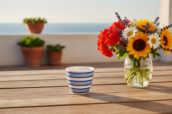 GreenGate Latte Becher Helen Blau mit blau-weißen Streifen auf Holztisch im sommerlichen Outdoor-Styling