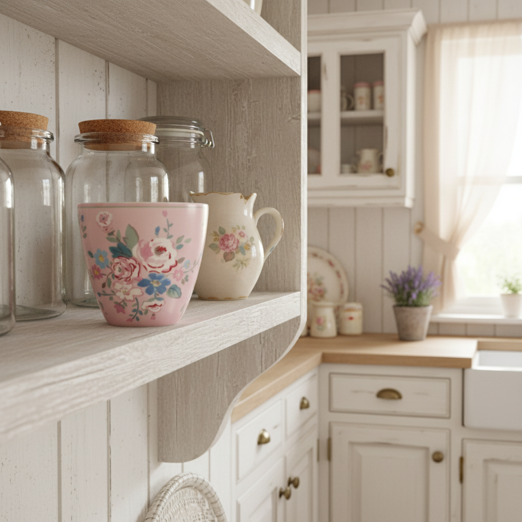GreenGate Latte Cup Inge-Marie Hellrosa geblümt auf Holzregal im skandinavischen Shabby-Chic-Stil