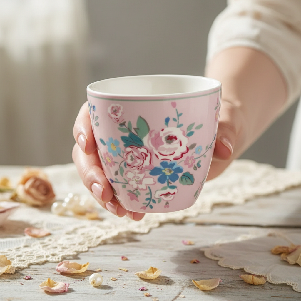 GreenGate Latte Cup Inge-Marie Hellrosa mit floralem Muster in der Hand gehalten im romantischen Landhausstil