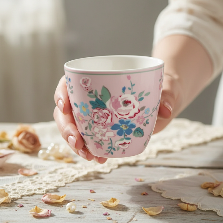 GreenGate Latte Cup Inge-Marie Hellrosa mit floralem Muster in der Hand gehalten im romantischen Landhausstil