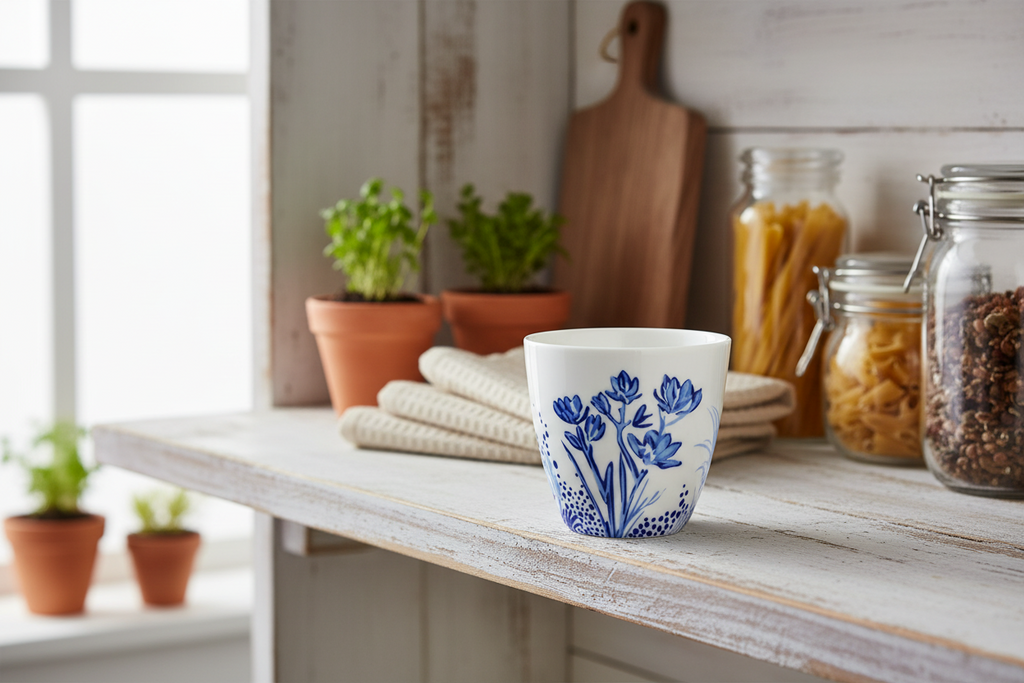 GreenGate Latte Becher Kristel Blau mit floralem Muster im skandinavischen Küchen-Styling auf Holzregal