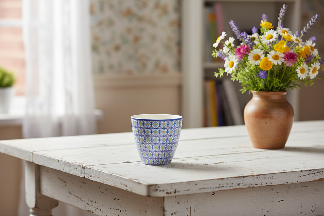 GreenGate Latte Becher Lola Hellblau mit blauem Ornamentmuster auf weißem Holztisch im Hygge-Styling