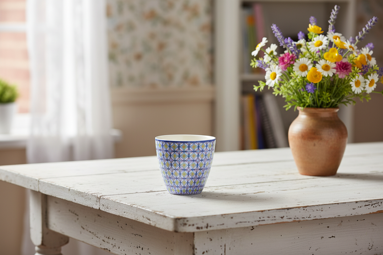 GreenGate Latte Becher Lola Hellblau mit blauem Ornamentmuster auf weißem Holztisch im Hygge-Styling